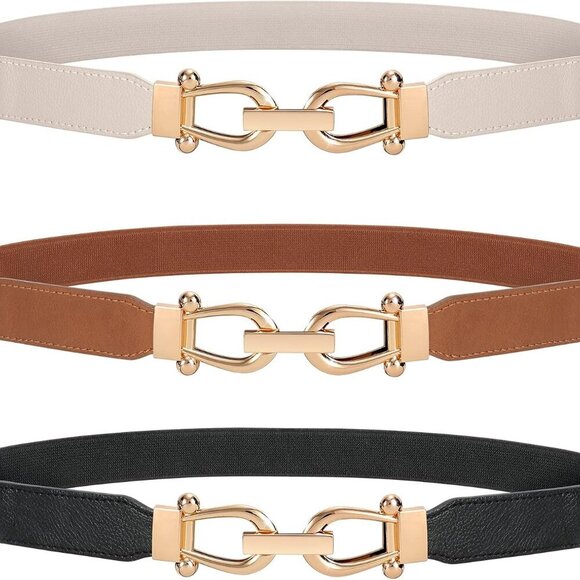 Women Stretchy Waist Belt Retro Elastic Skinny Belt for Ladies with Gold Buckle